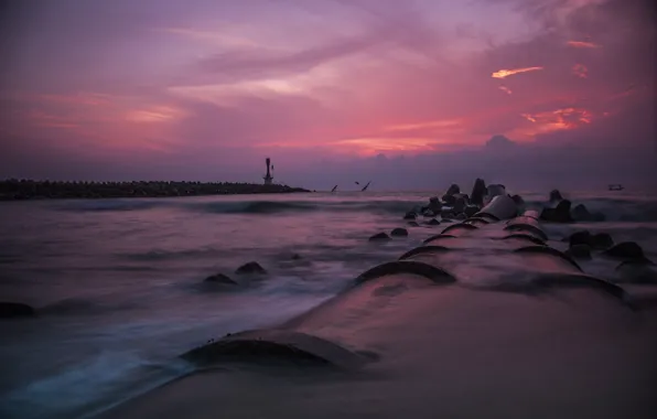 Rock, Beach, sunrise, lighthouse, rusila