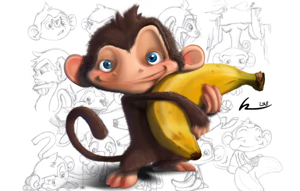 Картинка обезьяна, рисунки, белый фон, банан, детские обои