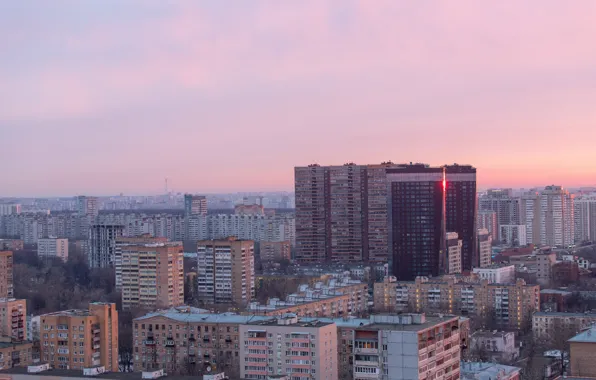 Картинка небо, город, розовый, рассвет, здания, москва, утро