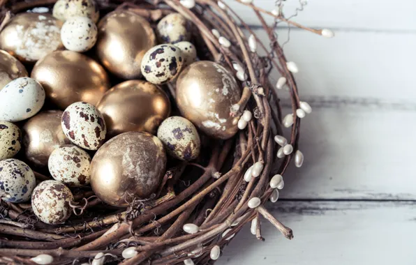 Картинка перепелиные яйца, весна, golden, ветки, decoration, верба, гнездо, Easter