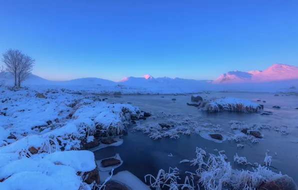Зима, снег, деревья, горы, озеро, рассвет, Шотландия, Scotland