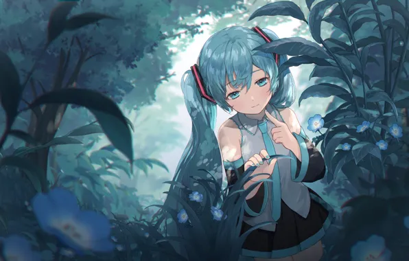 Девушка, цветы, природа, Hatsune Miku, Vocaloid