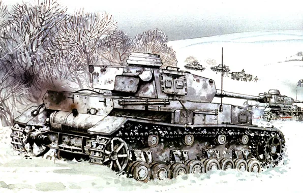 Картинка зима, поле, снег, рисунок, танки, Pz.Kpfw. IV, немецкие, Великая отечественная война
