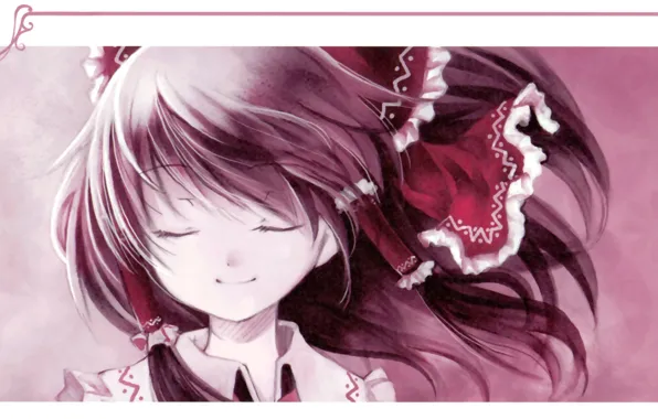 Лицо, улыбка, ветер, touhou, art, челка, оборки, закрытые глаза
