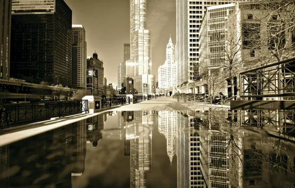 Картинка осень, отражение, здания, небоскребы, лужа, америка, чикаго, Chicago