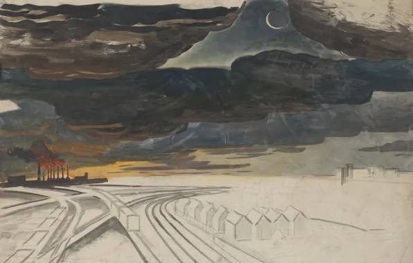 Картинка тучи, луна, поезд, домики, New Moon, Charles Ephraim Burchfield, медьзавод