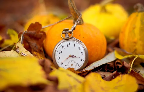 Картинка осень, листья, время, стрелки, часы, тыквы, циферблат, цепочка