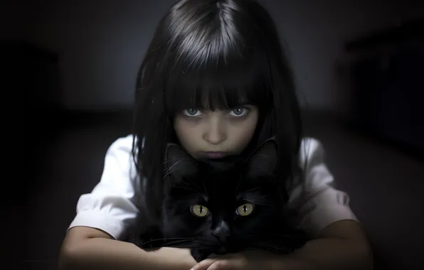 Кошка, кот, взгляд, темный фон, котенок, фон, комната, черный