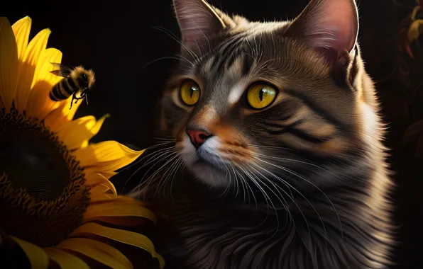 Кошка, цветок, кот, взгляд, свет, поза, темный фон, пчела