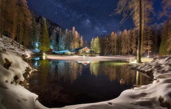Картинка зима, лес, небо, звезды, ночь, озеро, отражение