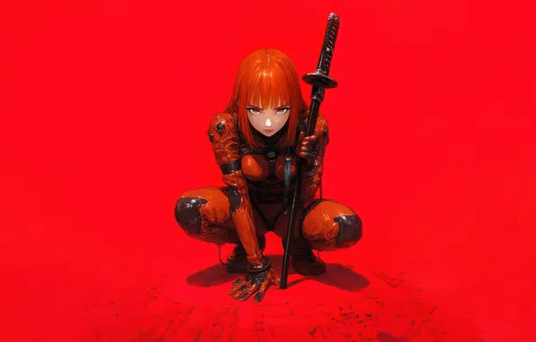 Red, Katana, Red Hair, Sci-Fi, Anime Girl
