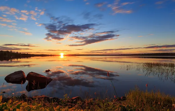 Картинка закат, озеро, отражение, Setting Sun