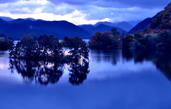 Картинка осень, деревья, горы, озеро, отражение, Япония, Japan, Фукусима