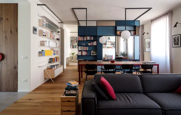 Дизайн, стиль, интерьер, Италия, библиотека, гостиная, столовая, Apartment in Turin