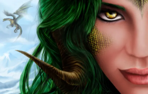 Картинка девушка, лицо, дракон, чешуя, арт, рога, зеленые волосы