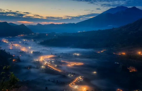 Горы, огни, туман, вечер, утро, долина, Бали