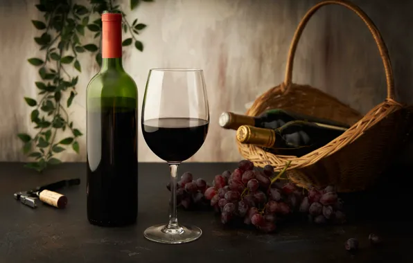 Вино, бокал, виноград, бутылки, корзинка