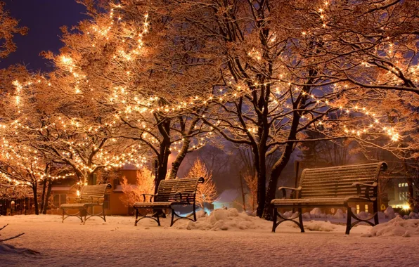 Картинка зима, снег, ночь, city, город, lights, улица, скамейки