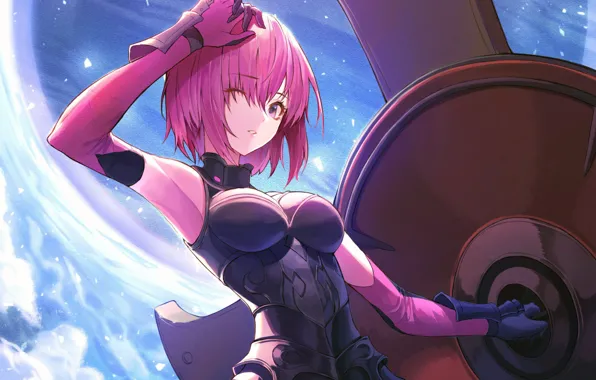 Взгляд, девушка, щит, розовые волосы, Fate / Grand Order, Судьба великая кампания