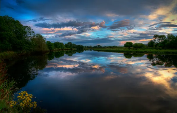 Картинка облака, закат, река, вечер, Ирландия