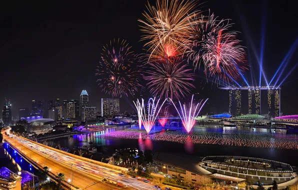 Картинка ночь, огни, праздник, Сингапур, фейерверк, отель