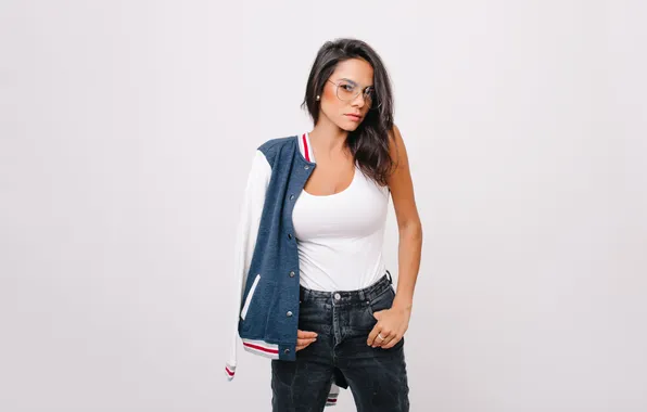 Woman, beautiful, model, pretty, jeans, glasses, tank top