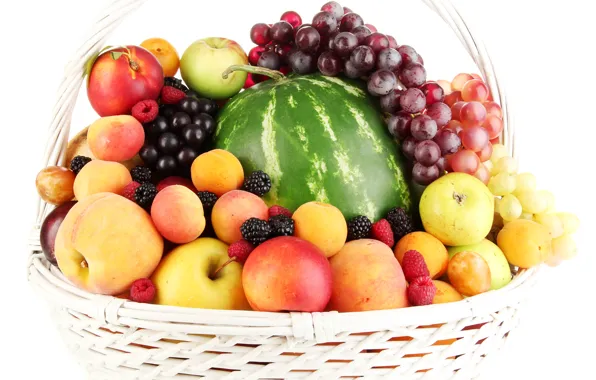 Ягоды, малина, корзина, яблоки, арбуз, виноград, фрукты, персики