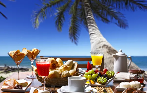 Море, пальма, киви, сок, виноград, juice, выпечка, пирожные