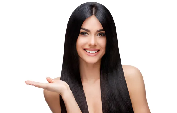 Картинка девушка, улыбка, портрет, макияж, брюнетка, жест, фотомодель