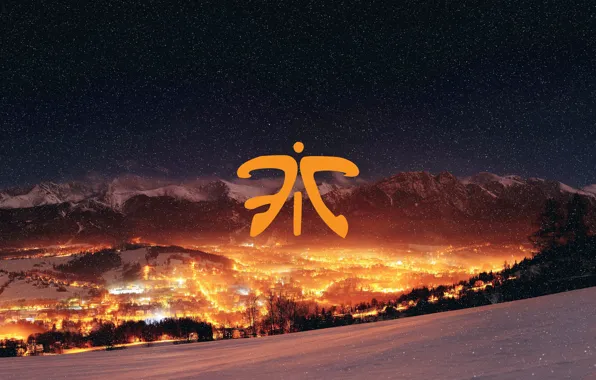 Зима, свет, снег, ночь, город, огни, гора, logo