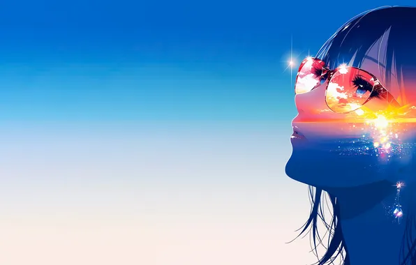 Girl, summer, sea, sunset, blue, anime, glasses, vacation