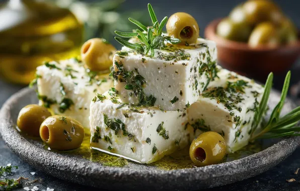 Зелень, сыр, тарелка, кусочки, оливки, закуска, миски, брынза