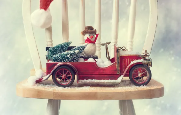 Картинка машина, авто, стул, снеговик, ёлки