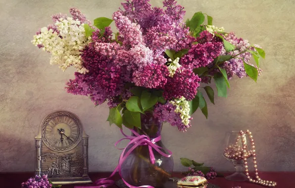 Листья, цветы, стол, часы, бокал, букет, весна, шкатулка