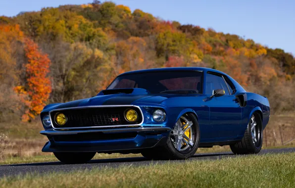 Картинка Mustang, Ford, 1969, Blue, Road, SEMA, Forest, Ringbrothers