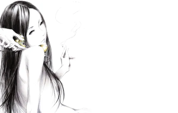 Девушка, дым, Рисунок, руки, сигарета, телефонная трубка, art, Sawasawa