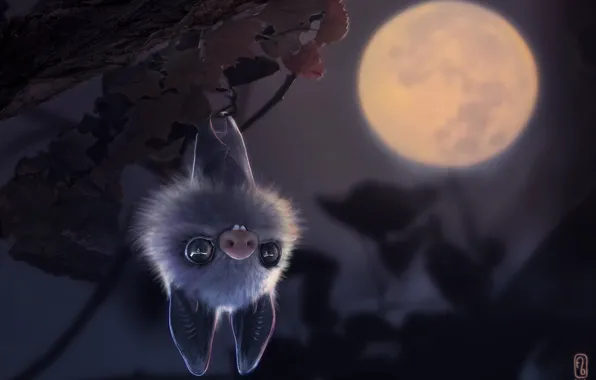 Летучая мышь, ночь, мышка, дерево, детская, луна, арт, крылья