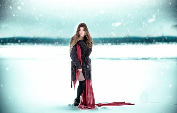 Картинка холод, взгляд, снег, губки, ножка, Red Winter