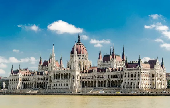 Картинка небо, облака, пейзаж, река, парламент, Венгрия, Будапешт, Дунай