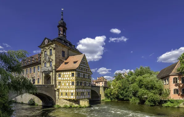 Картинка мост, река, Германия, Bamberg, ратуша
