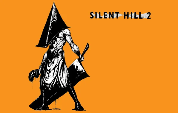 Картинка монстр, черно-белое, желтый фон, тесак, Пиромидоголовый, Silent Hill 2, Pyramid Head, Сайлент Хилл