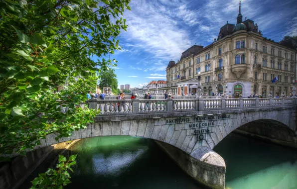 Мост, река, здания, Словения, Slovenia, Любляна, Ljubljana, Triple Bridge