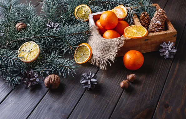 Украшения, апельсины, Новый Год, Рождество, Christmas, wood, fruit, orange