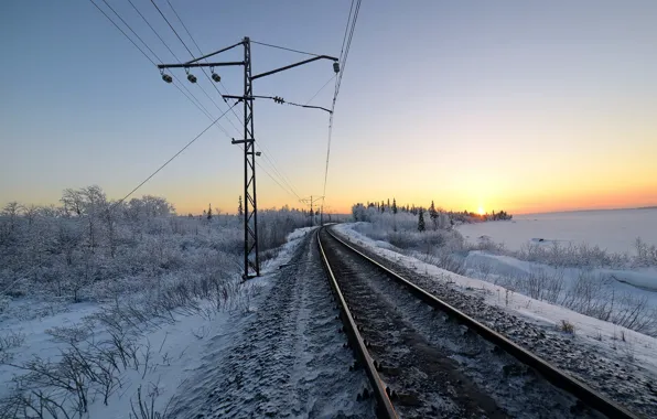 Картинка зима, снег, утро, железная дорога
