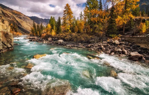 Картинка осень, пейзаж, горы, природа, река, камни, Алтай, Карагем