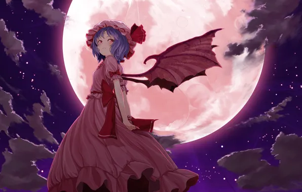 Картинка облака, ночь, луна, крылья, демон, remilia scarlet, Touhou
