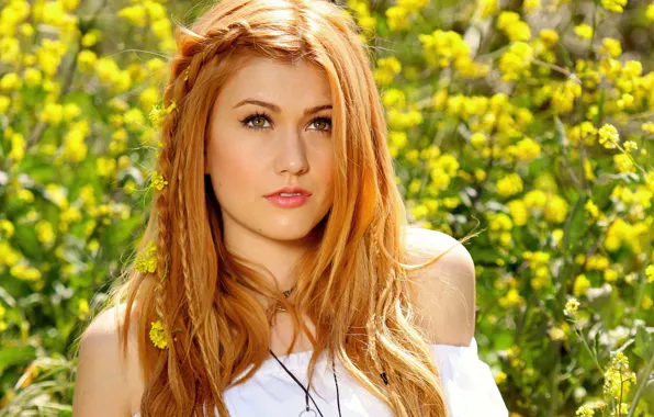 Поле, взгляд, девушка, цветы, косички, рыжая, Katherine McNamara, Кэтрин МакНамара