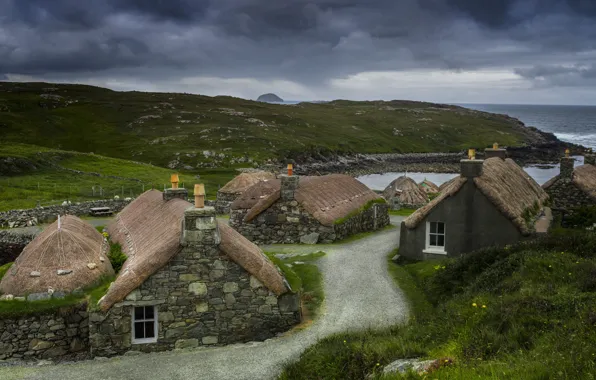 Картинка остров Льюис, дома, Blackhouse Village, Гебриды, Gearrannan, Чёрная деревня, Шотландия, океан