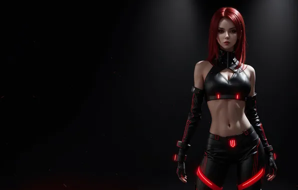 Girl, fantasy, red hair, art, cyberpunk, digital art, fantasy art, stand