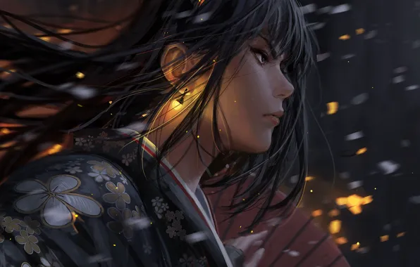 Девушка, снег, зонт, серьезная, Guweiz